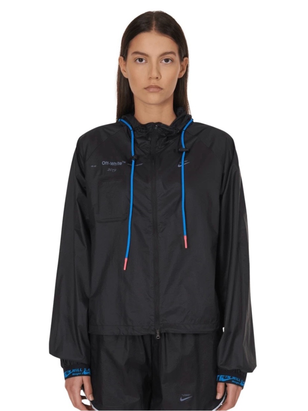 Off-White Black Hooded Windbreaker with Blue Drawcords